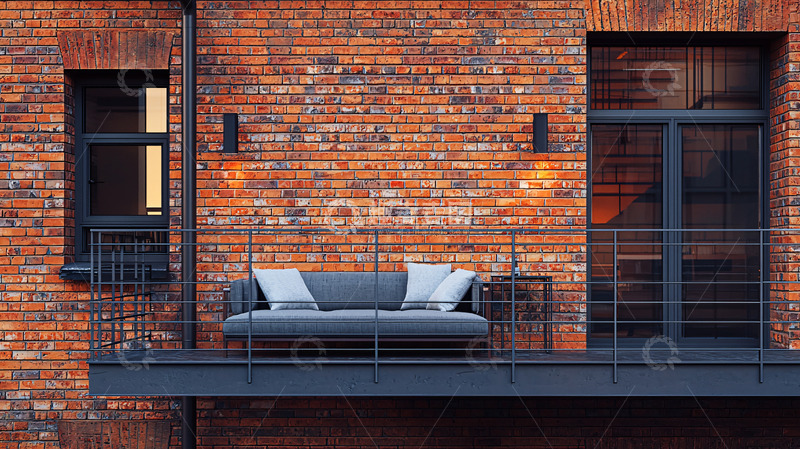 高清大图下载【趣麦麦图】红砖墙阳台灰沙发