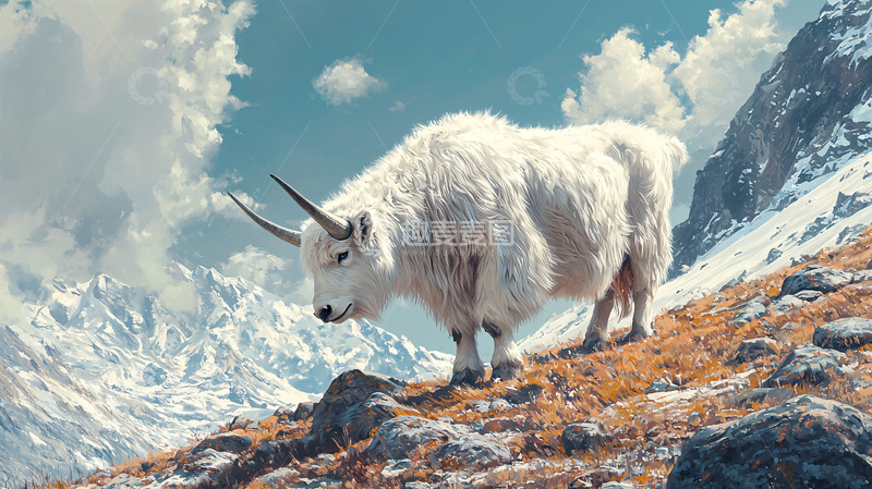 高清大图下载【趣麦麦图】雪山上的白色牦牛