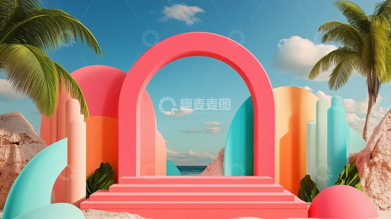 高清大图下载【趣麦麦图】热带海边多彩拱门电商展示场景素材