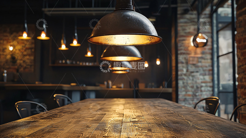高清大图下载【趣麦麦图】工业风吊灯长桌昏暗灯光
