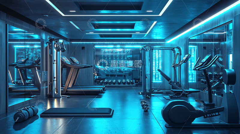 蓝色灯光下的高端健身房