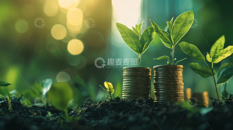 高清大图下载【趣麦麦图】绿色植物与金币堆积
