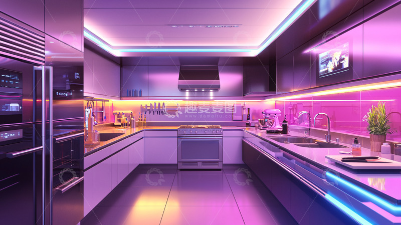 高清大图下载【趣麦麦图】紫色灯光现代化厨房