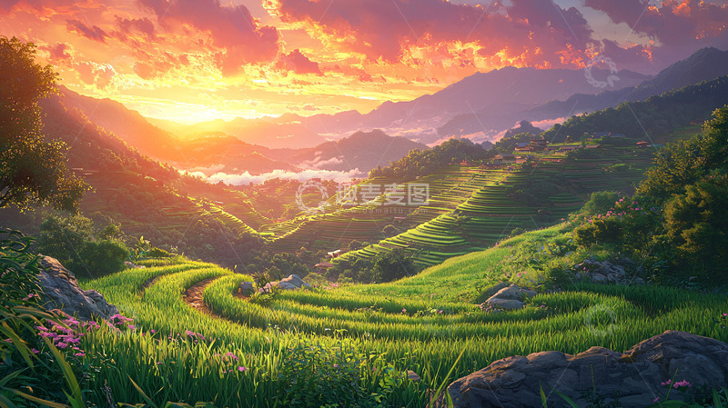 高清大图下载【趣麦麦图】壮丽山峦日出梯田景色
