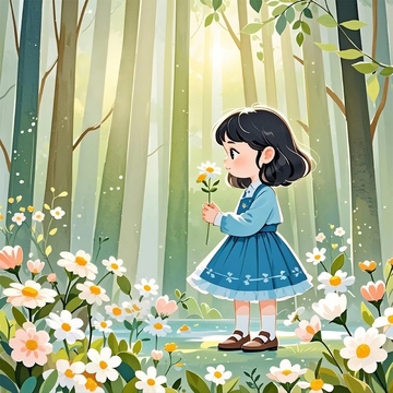 春天清新唯美森林女孩水彩风插画背景素材