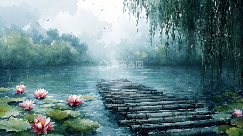 高清大图下载【趣麦麦图】雨中湖边木栈道