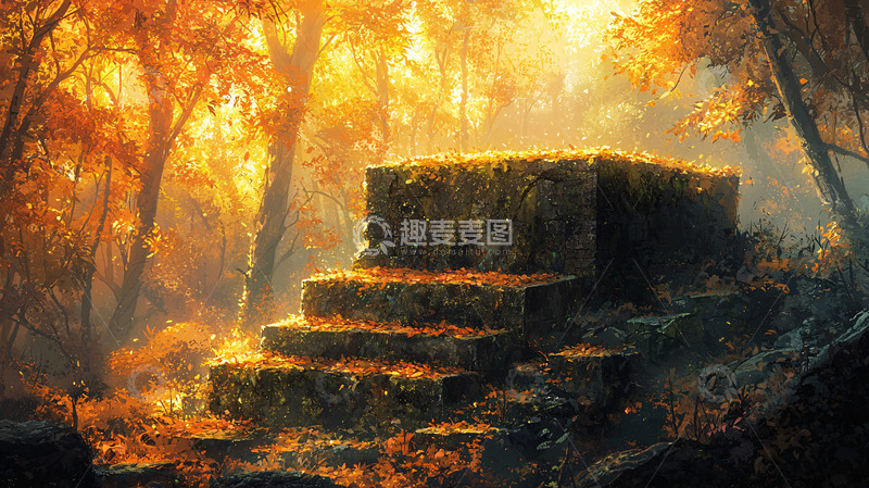 高清大图下载【趣麦麦图】秋日森林中的石阶