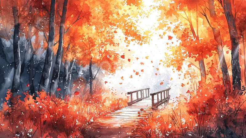 高清大图下载【趣麦麦图】秋日森林小桥流水