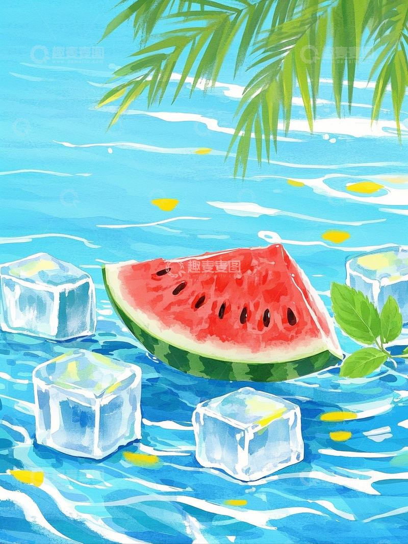 高清大图下载【趣麦麦图】水彩夏日海滩西瓜风情1