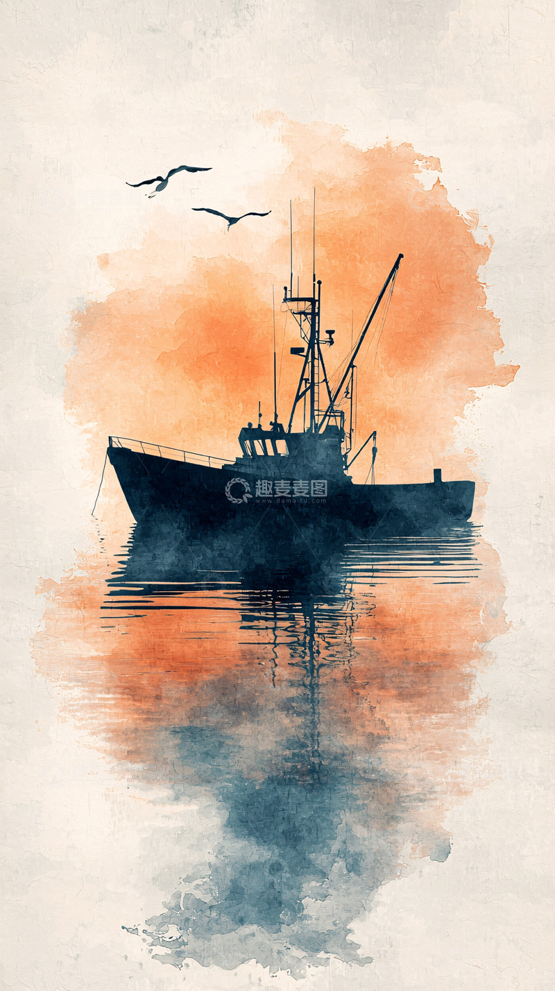 高清大图下载【趣麦麦图】水彩风格的渔船和海鸥