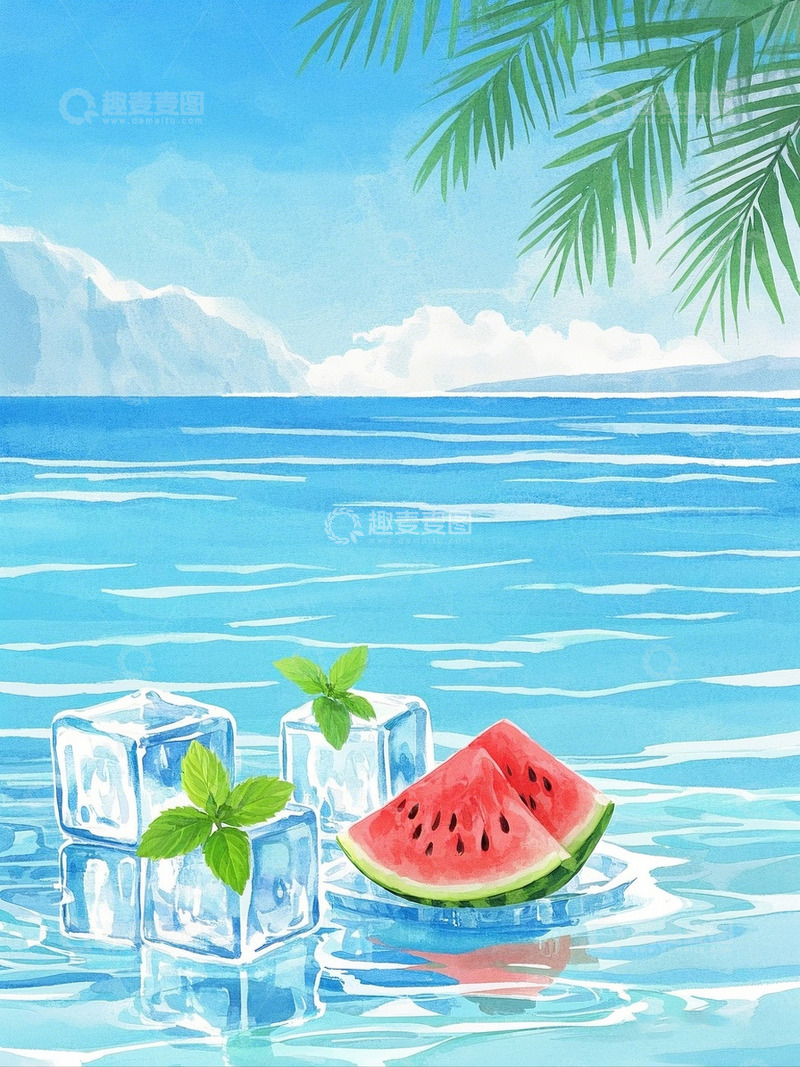 高清大图下载【趣麦麦图】水彩夏日海滩西瓜风情
