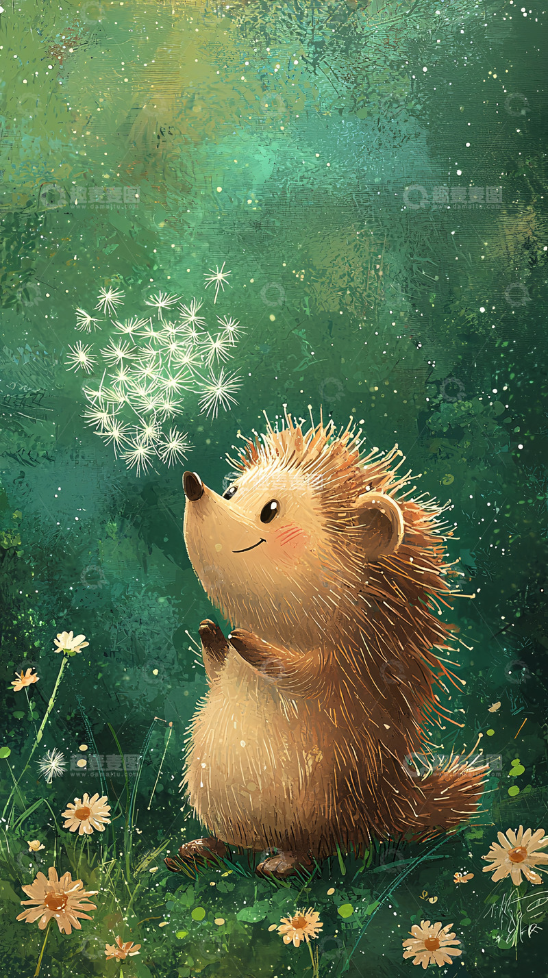 高清大图下载【趣麦麦图】可爱小刺猬与蒲公英