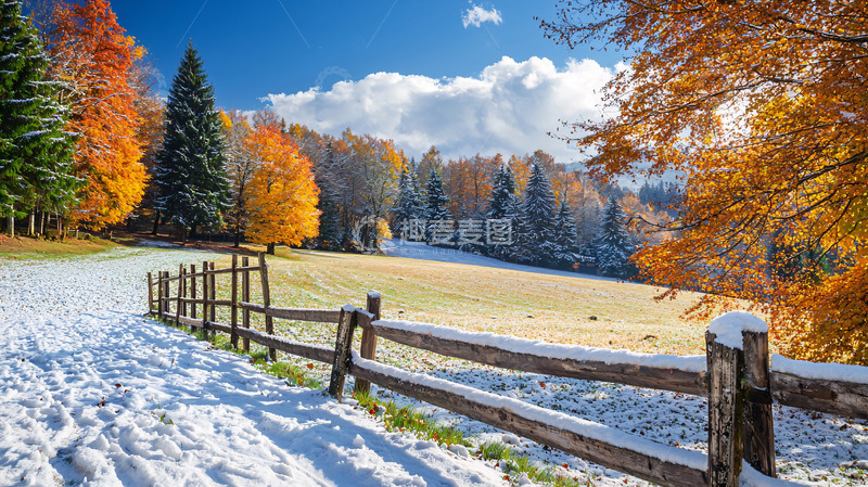 高清大图下载【趣麦麦图】秋日雪景田园风光