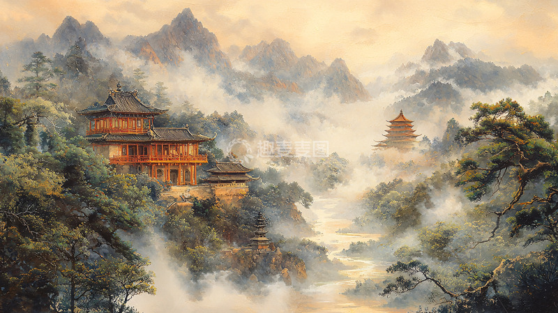 高清大图下载【趣麦麦图】中国风山水楼阁水墨画