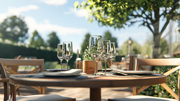 户外餐厅木桌椅摆设