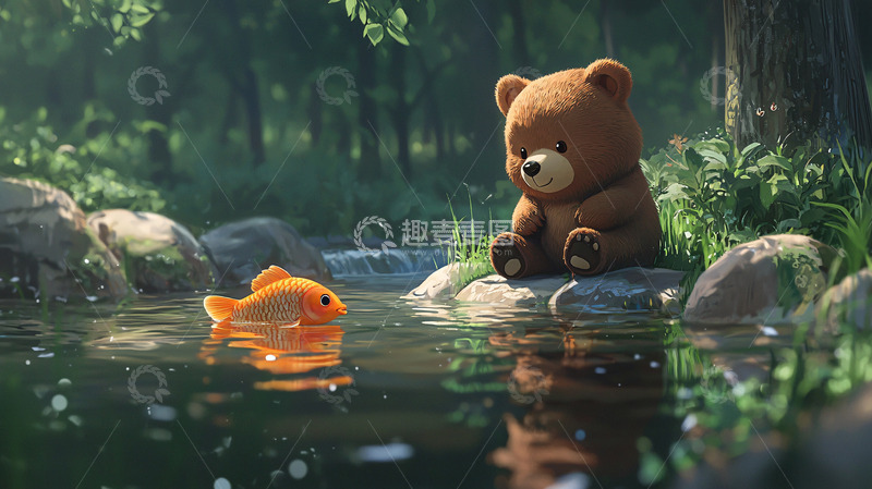 高清大图下载【趣麦麦图】森林溪流边的小熊和金鱼