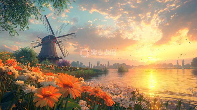 高清大图下载【趣麦麦图】日出风车田园风光