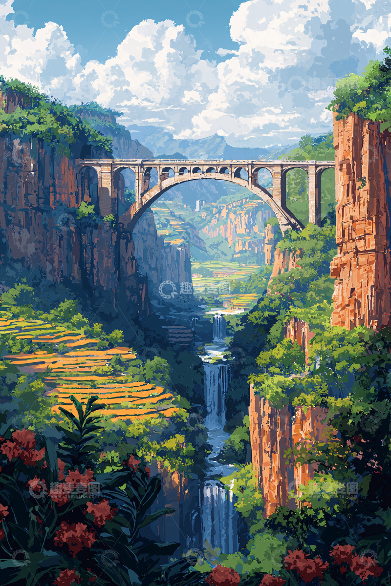 高清大图下载【趣麦麦图】山谷桥梁风景画