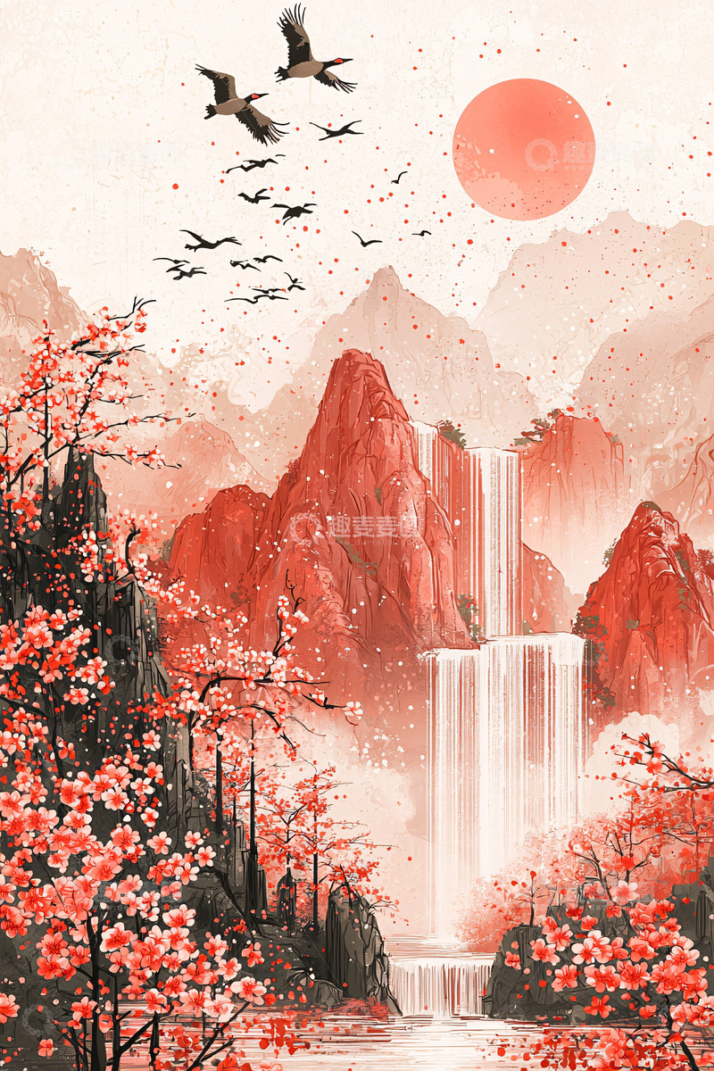 高清大图下载【趣麦麦图】红霞山水桃花鸟