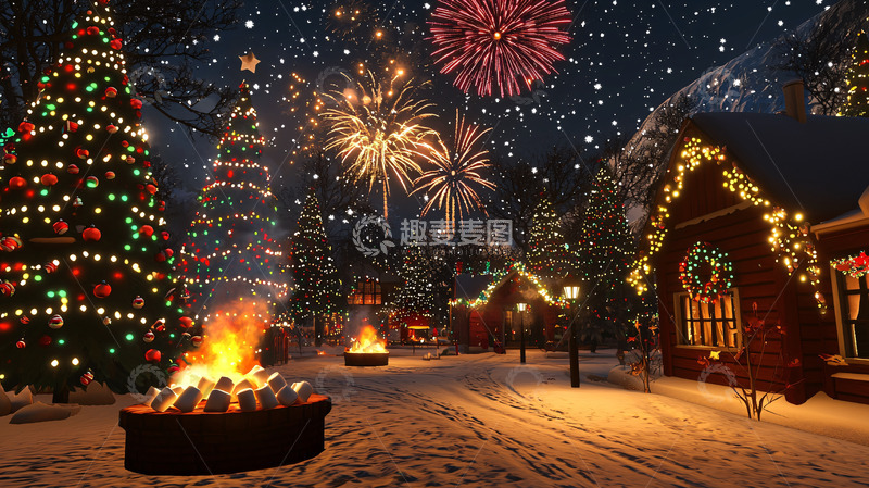 高清大图下载【趣麦麦图】圣诞夜烟火小镇