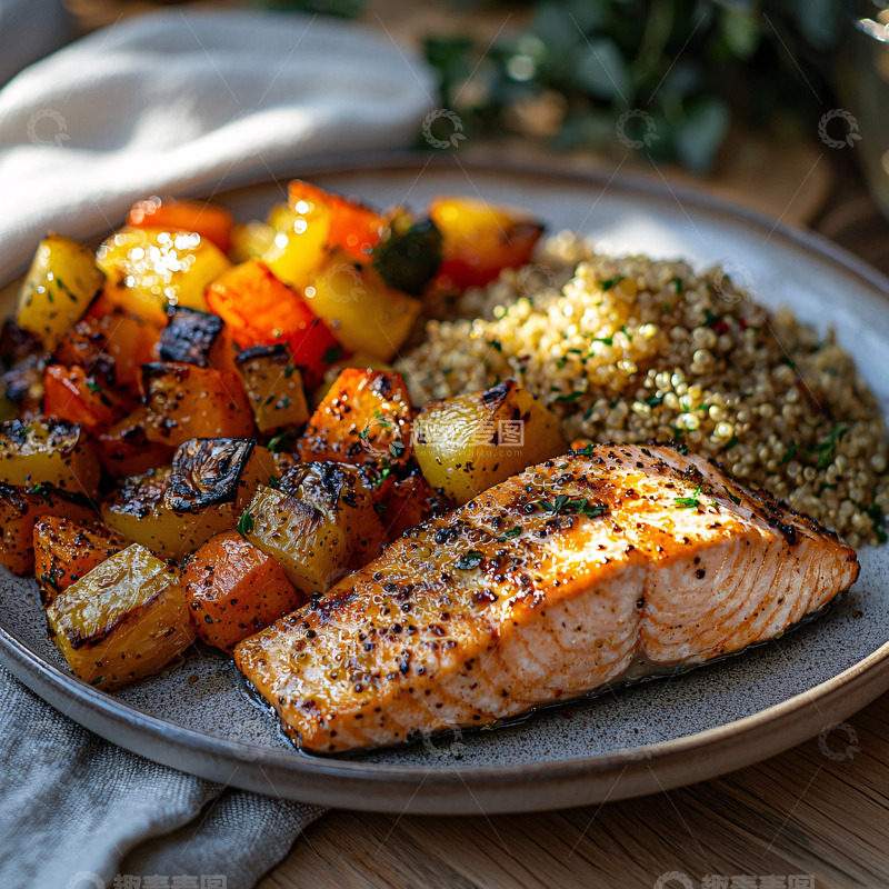 高清大图下载【趣麦麦图】烤三文鱼配烤蔬菜和藜麦