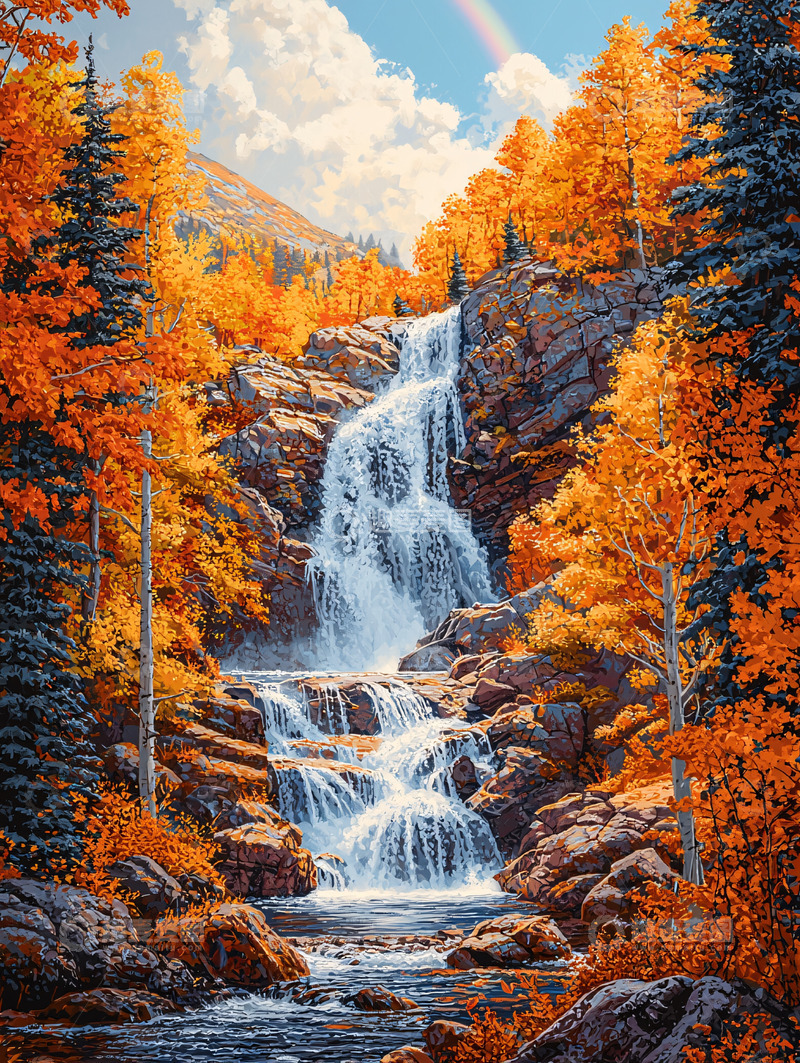 高清大图下载【趣麦麦图】秋日森林瀑布美景