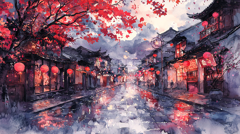 高清大图下载【趣麦麦图】水墨画古风街道夜景
