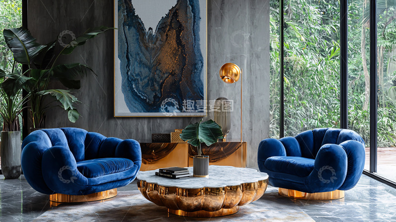 高清大图下载【趣麦麦图】轻奢蓝色绒面沙发客厅