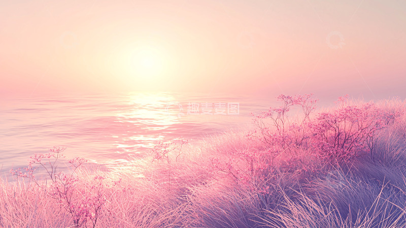 高清大图下载【趣麦麦图】粉红色日出海边草地