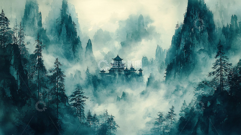 高清大图下载【趣麦麦图】雾气缭绕的山间楼阁