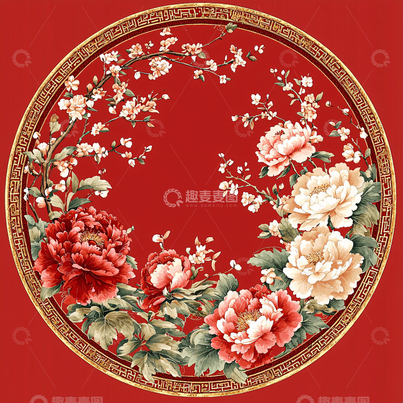 高清大图下载【趣麦麦图】红色圆形底纹上的花卉图案