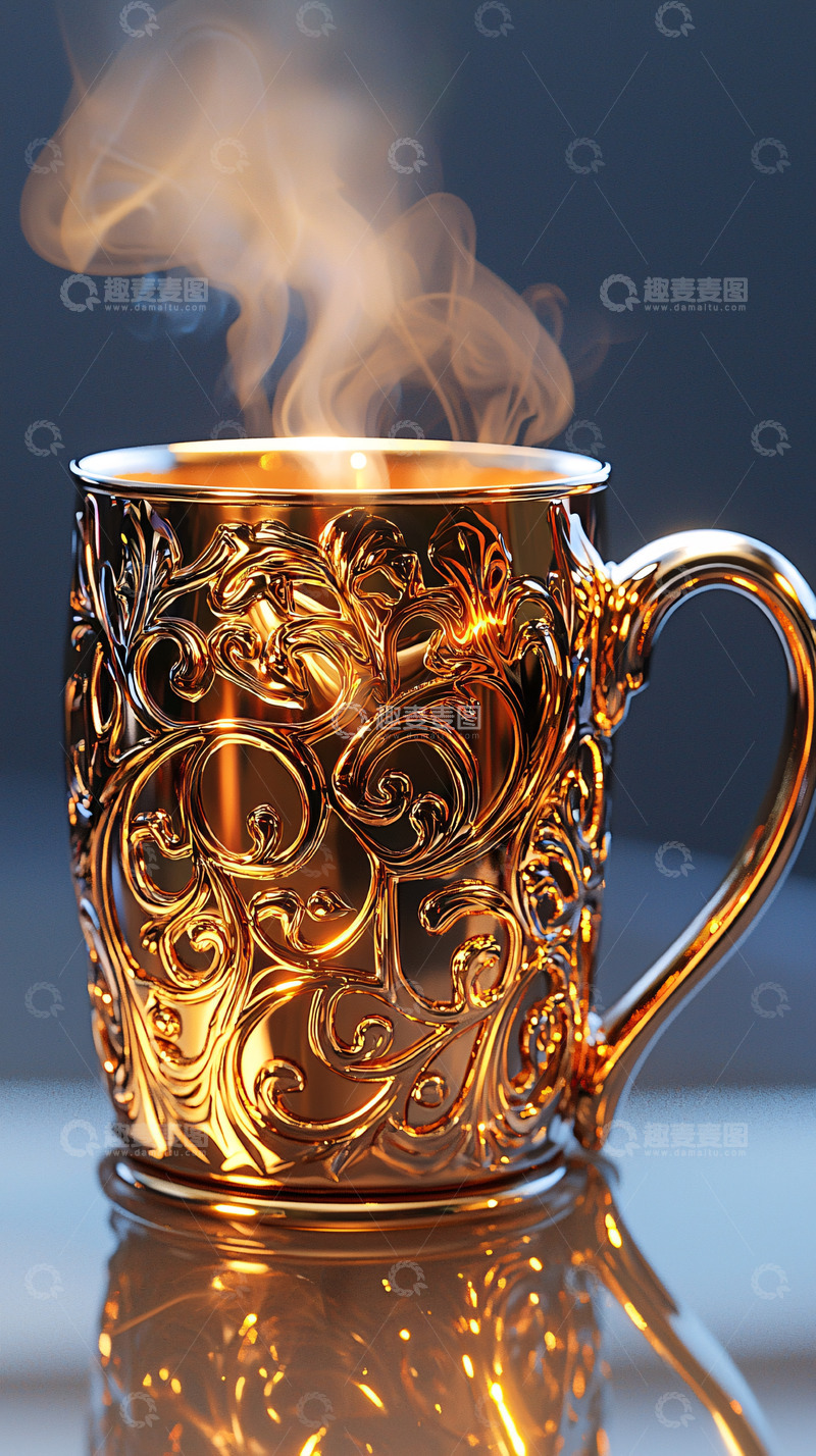 高清大图下载【趣麦麦图】热气腾腾的雕花铜杯