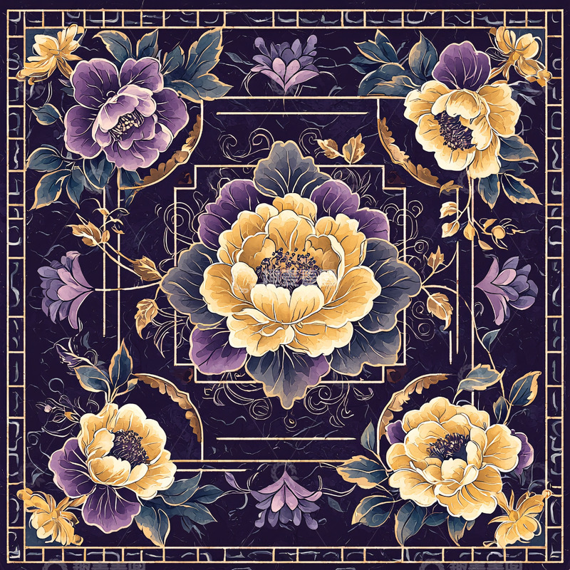 高清大图下载【趣麦麦图】暗紫色背景牡丹花纹图案