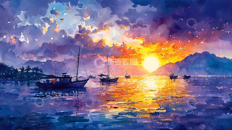 高清大图下载【趣麦麦图】水彩日落海景