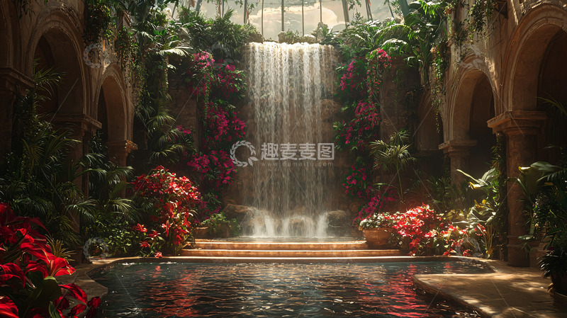高清大图下载【趣麦麦图】室内瀑布景观