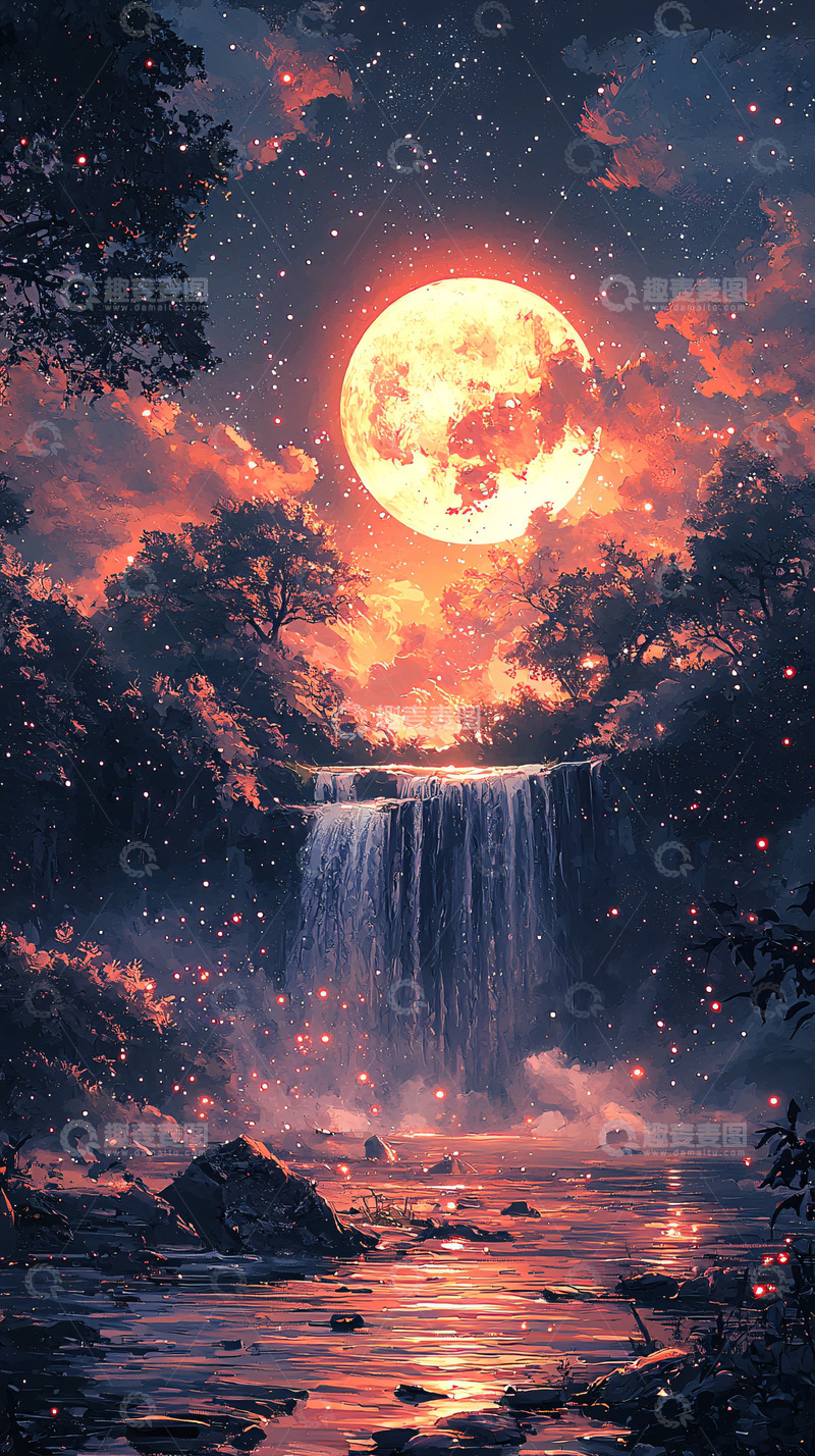 高清大图下载【趣麦麦图】梦幻星空月亮瀑布