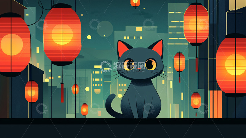 高清大图下载【趣麦麦图】黑猫在城市夜景中