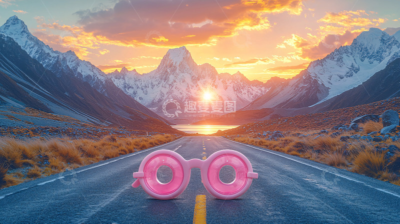 高清大图下载【趣麦麦图】粉色眼镜下的山路日出