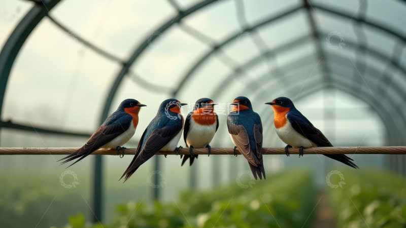 高清大图下载【趣麦麦图】温室中电线上群栖的燕子