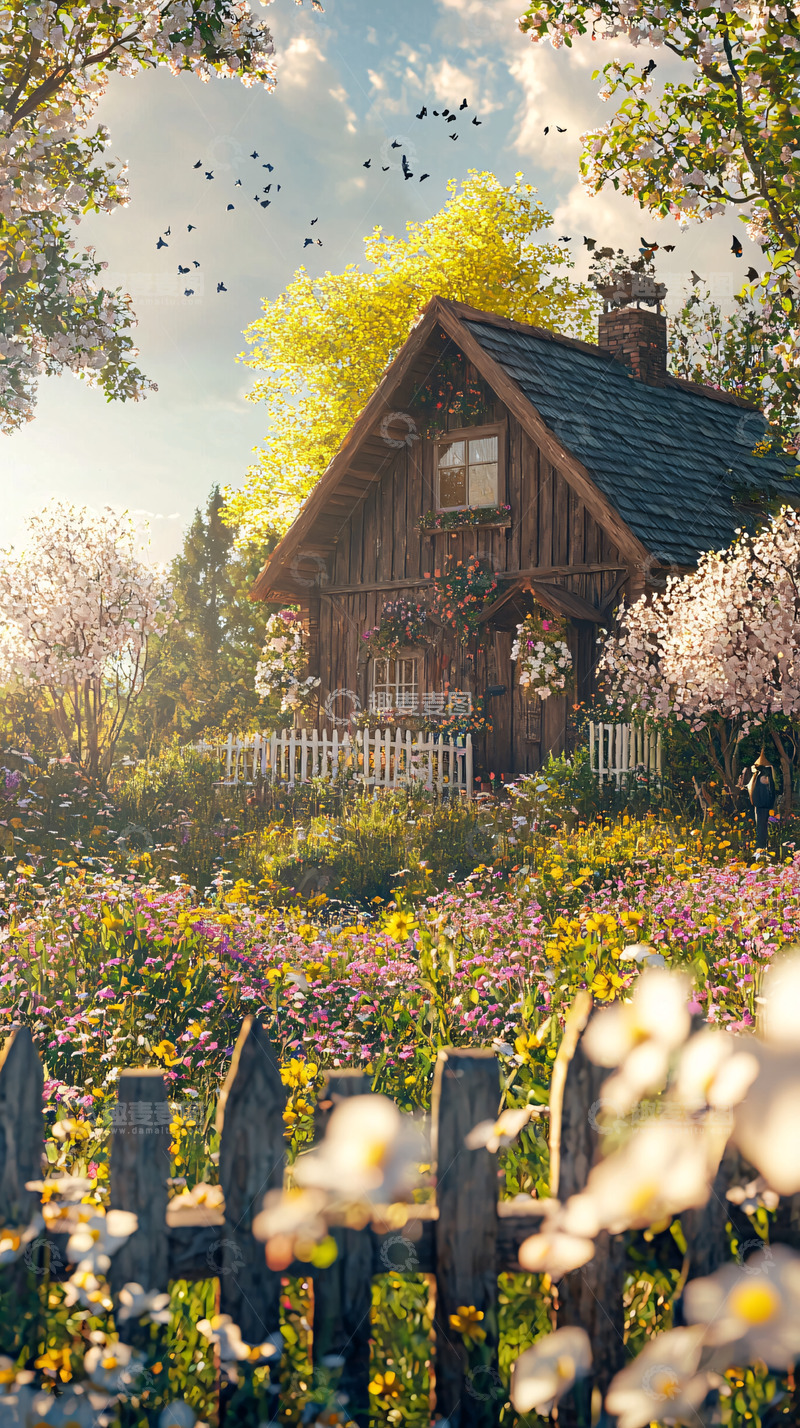 高清大图下载【趣麦麦图】春意盎然的木屋花园
