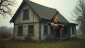 雾中屋前飞翔的灵动燕子