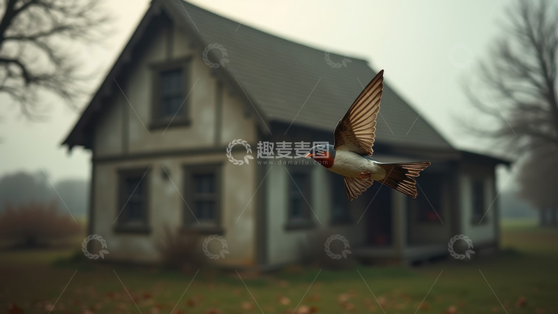 高清大图下载【趣麦麦图】雾中屋前飞翔的灵动燕子