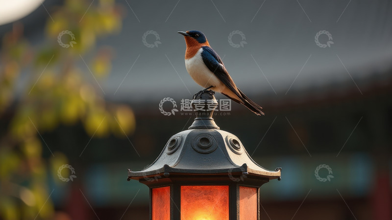 高清大图下载【趣麦麦图】古灯上站立的燕子