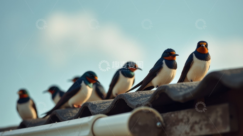 高清大图下载【趣麦麦图】屋顶上群栖的可爱燕子