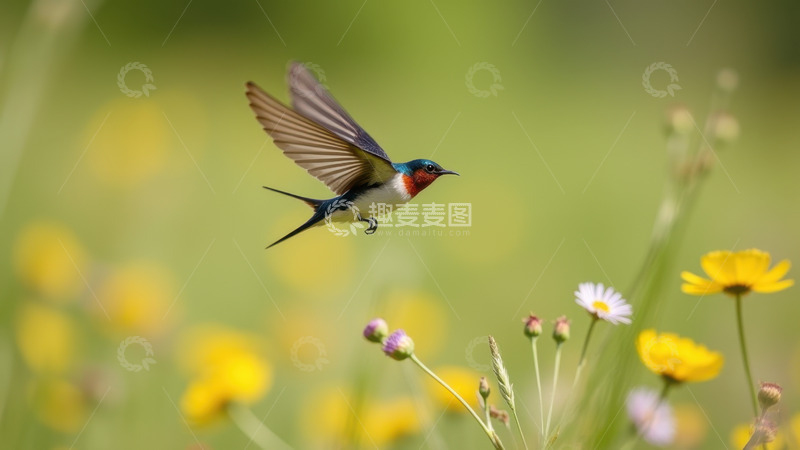 高清大图下载【趣麦麦图】花丛中低空飞行的燕子