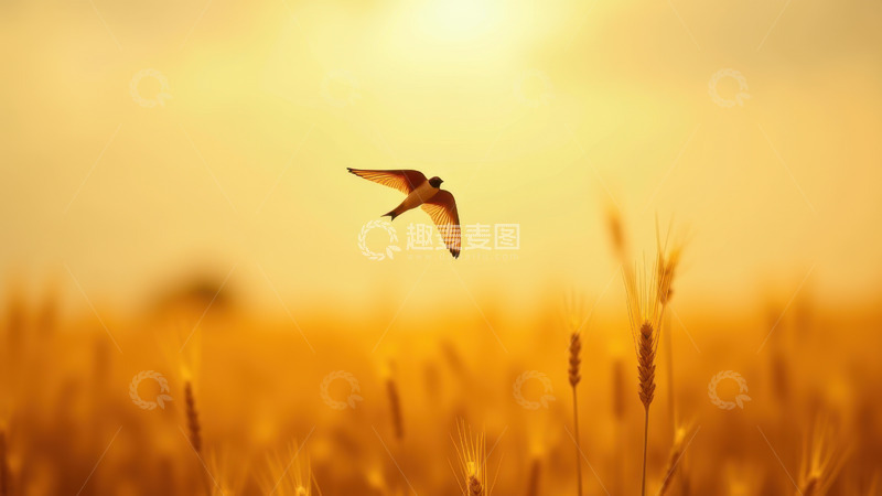 高清大图下载【趣麦麦图】麦田上空夕阳下飞翔的燕子