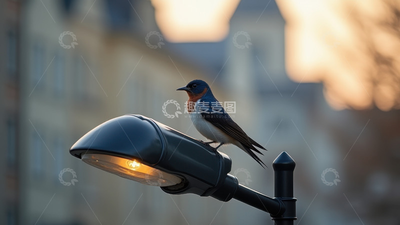 高清大图下载【趣麦麦图】路灯上静栖的城市燕子