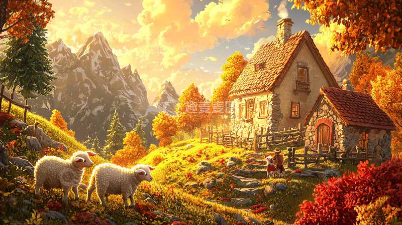 高清大图下载【趣麦麦图】秋日山谷小屋羊群风景