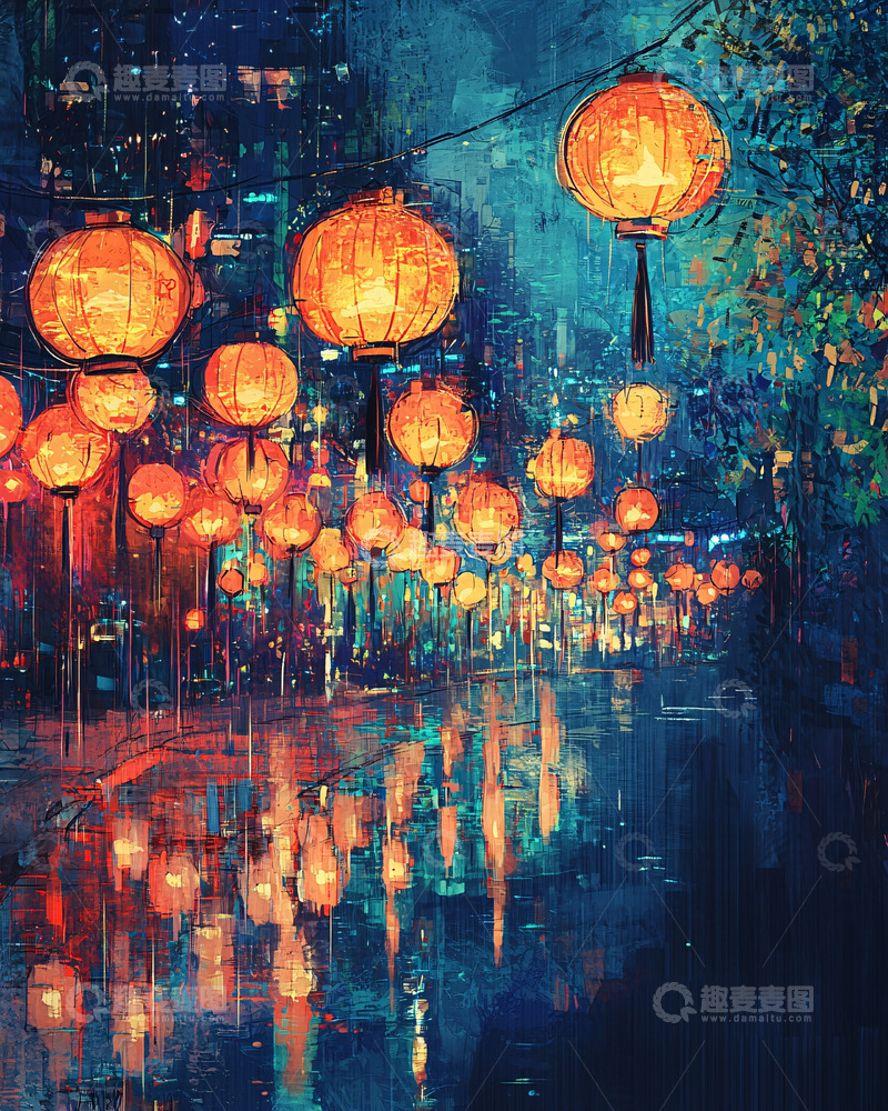 高清大图下载【趣麦麦图】夜雨灯笼城市街景
