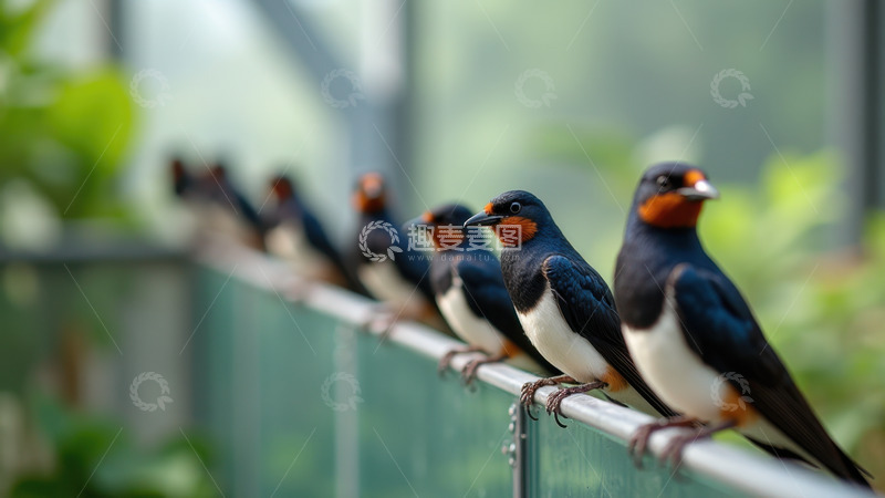 高清大图下载【趣麦麦图】栏杆上群栖的燕子